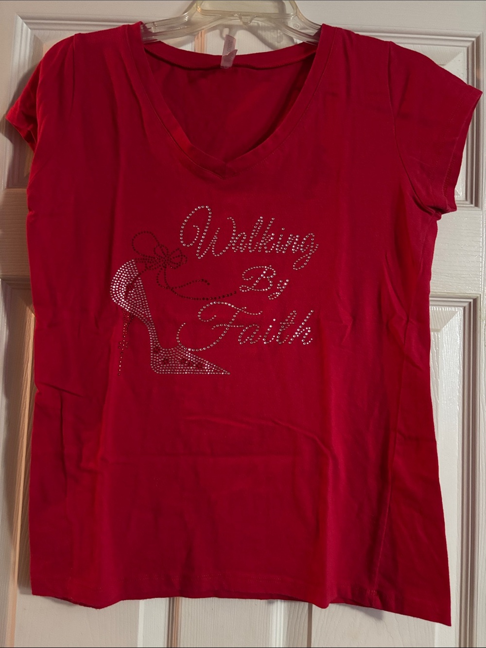 Classic Red Women's V-Neck Tee with Rhinestone 'Walking By Faith'
